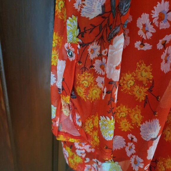 Cocomo Womens Floral Long Sleeve Blouse 1X Orange Yellow Pink Button-Front Top - Picture 2 of 7